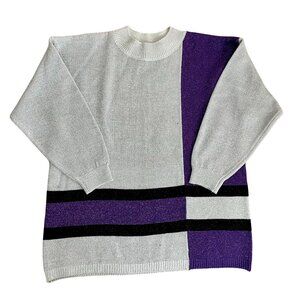 Shenanigans Women's Vintage 80s Metalic Knit Sweater Purple Grey Color Block M
